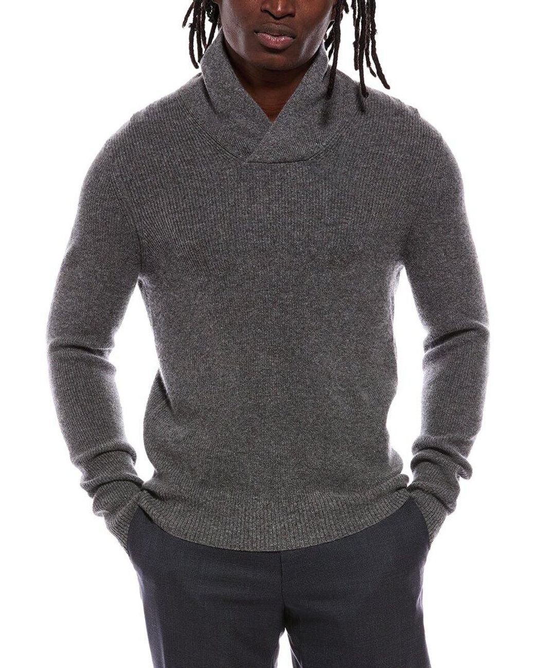 Autumn Cashmere Gray Shaker 100% Cashmere Shawl Collar Sweater for men