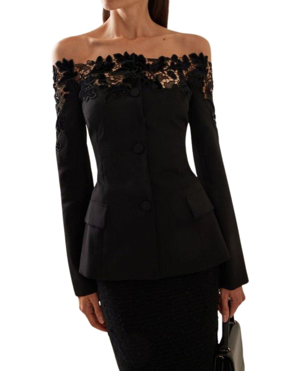 Oscar de la Renta Black Off-shoulder Velvet Guipure Lace Blazer