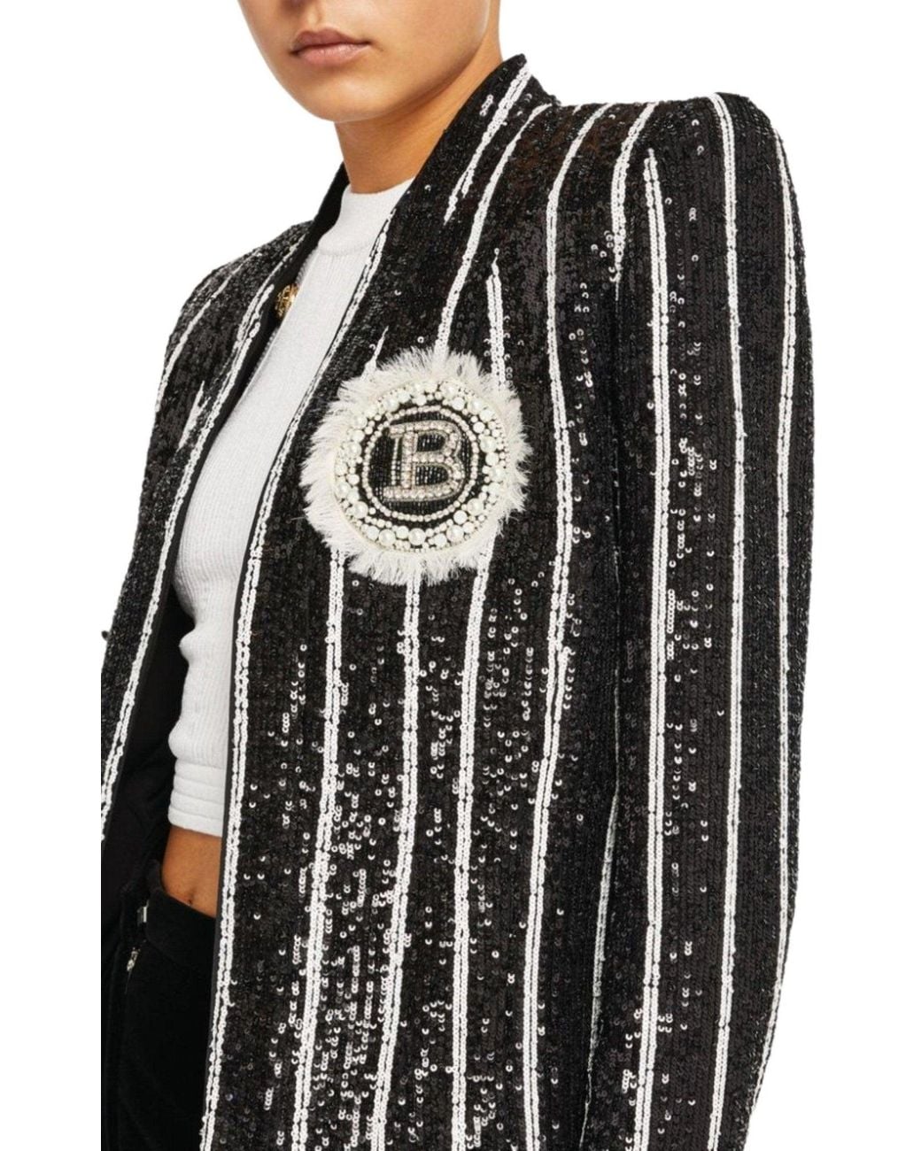 Balmain Sequinned Black White Striped Spencer Jacket
