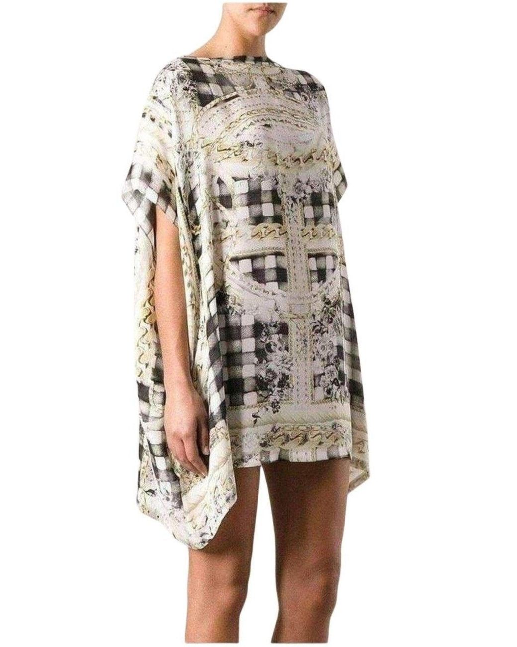 Balmain Gray Cream Printed Silk Tunic Dress With Batwing Sleeves