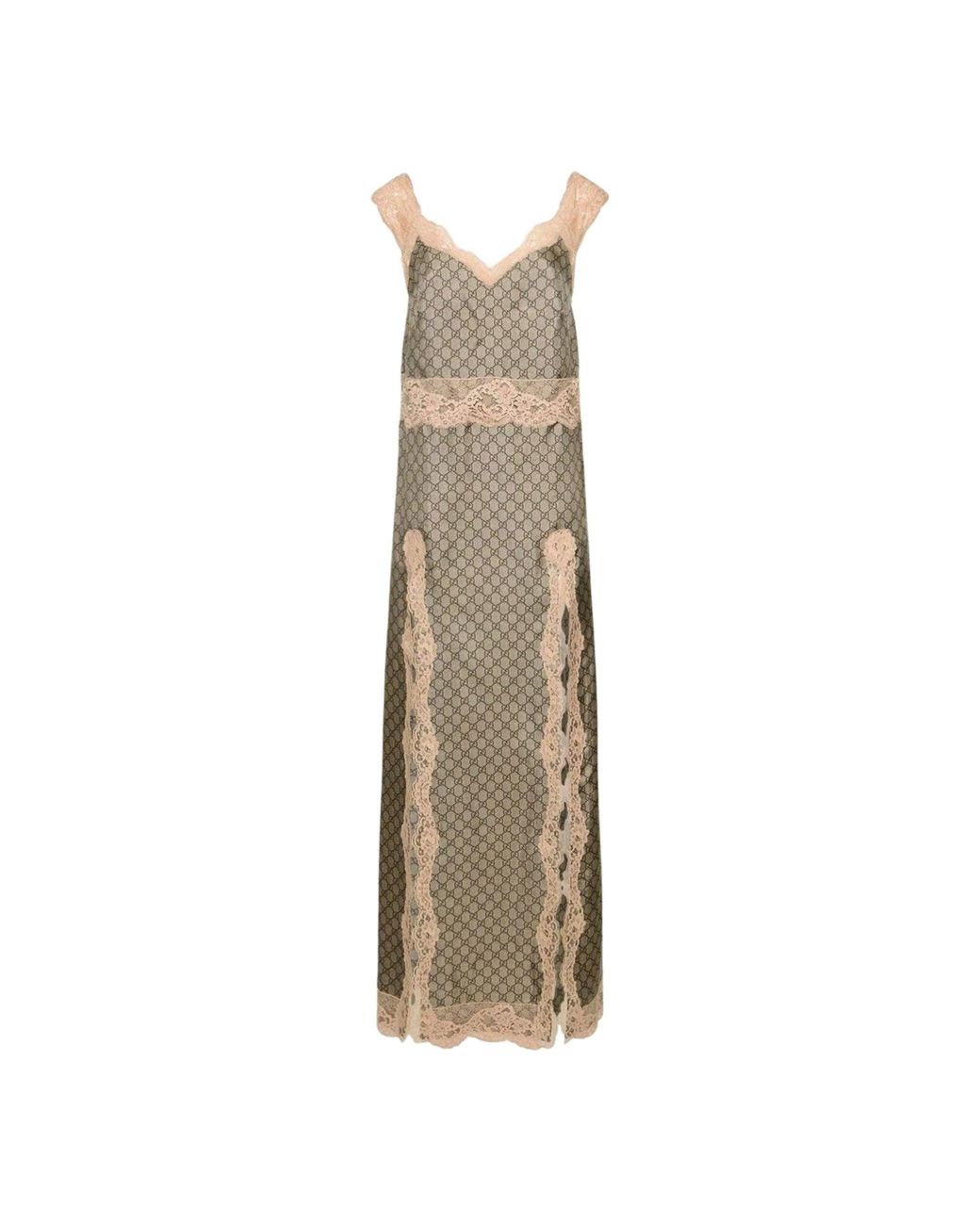 Gucci Natural GG Supreme Lace Trim Silk Maxi Dress