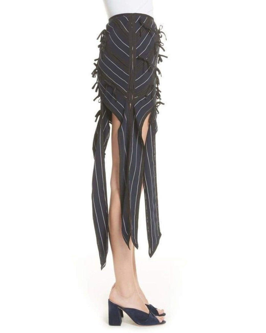 Self-Portrait Blue Pinstripe Ribbon Asymmetric Panelled Mini Skirt Uk 8