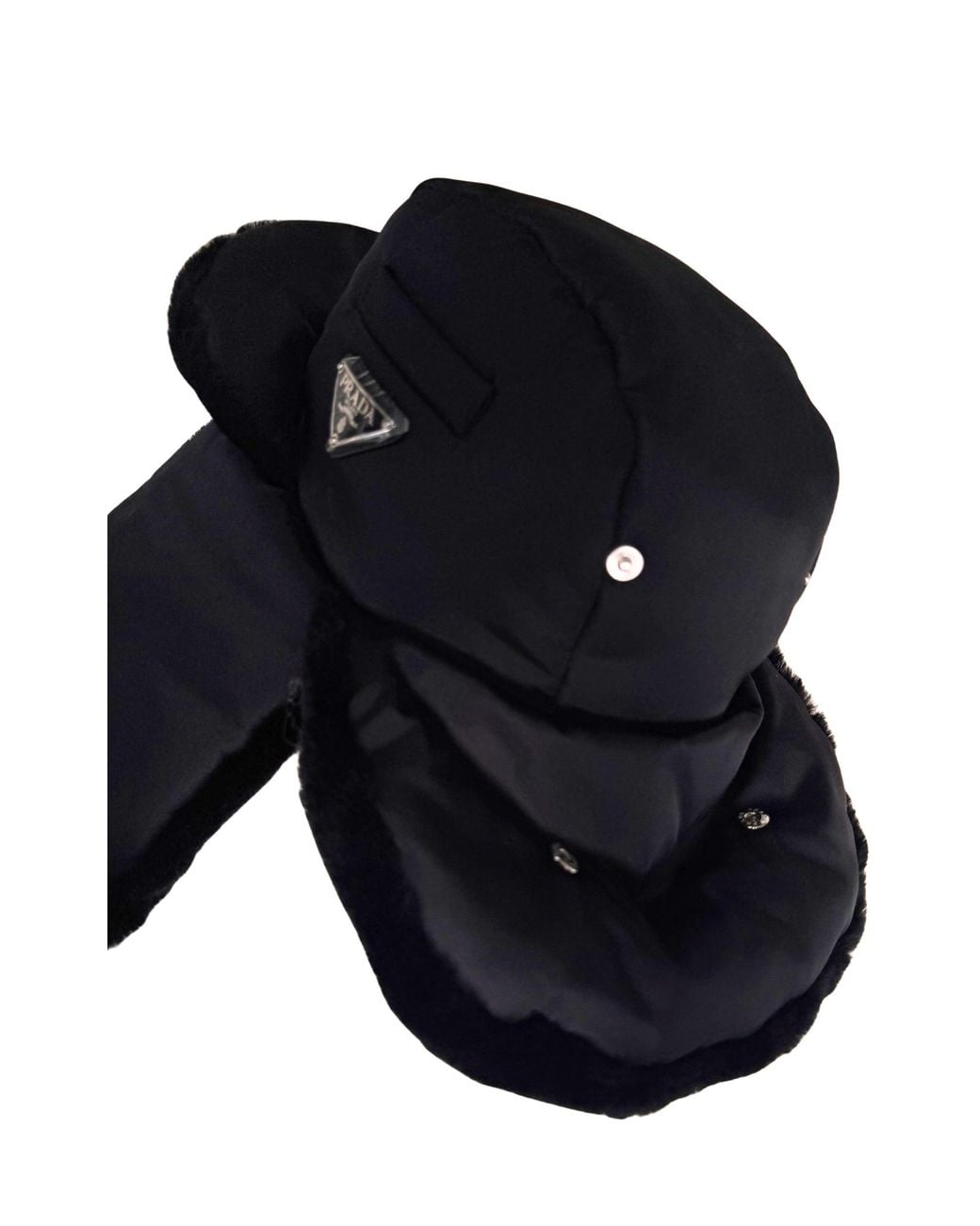 Prada Black Nylon & Shearling Trapper Hat