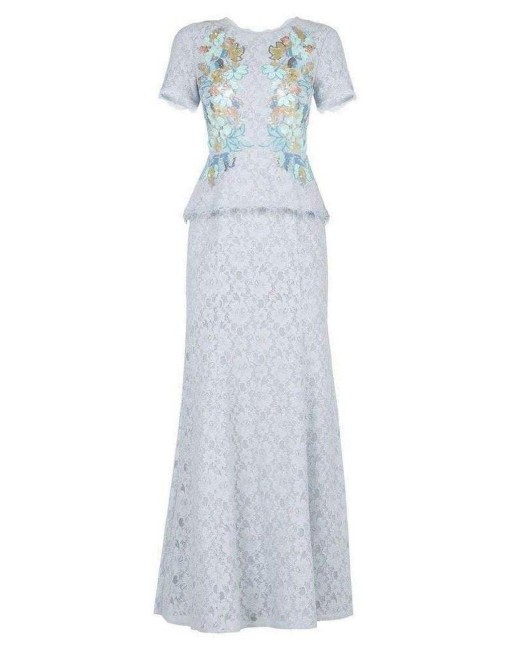 BCBGMAXAZRIA Blue Anaya Lace Peplum Sequin Detail Gown