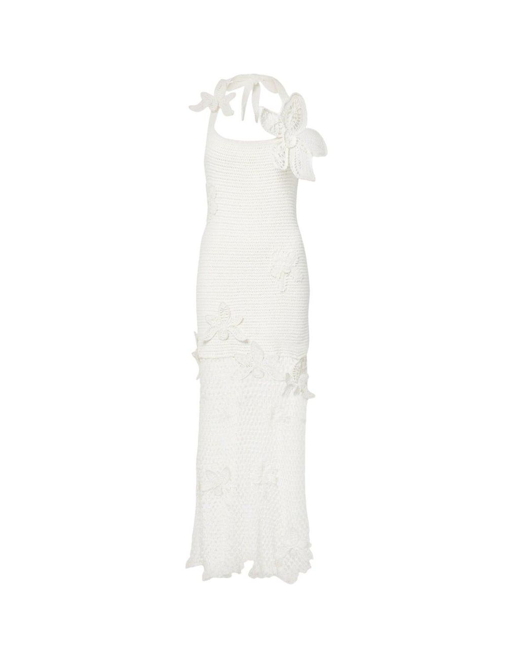 Oscar de la Renta White Halter Orchid Crochet Knit Dress