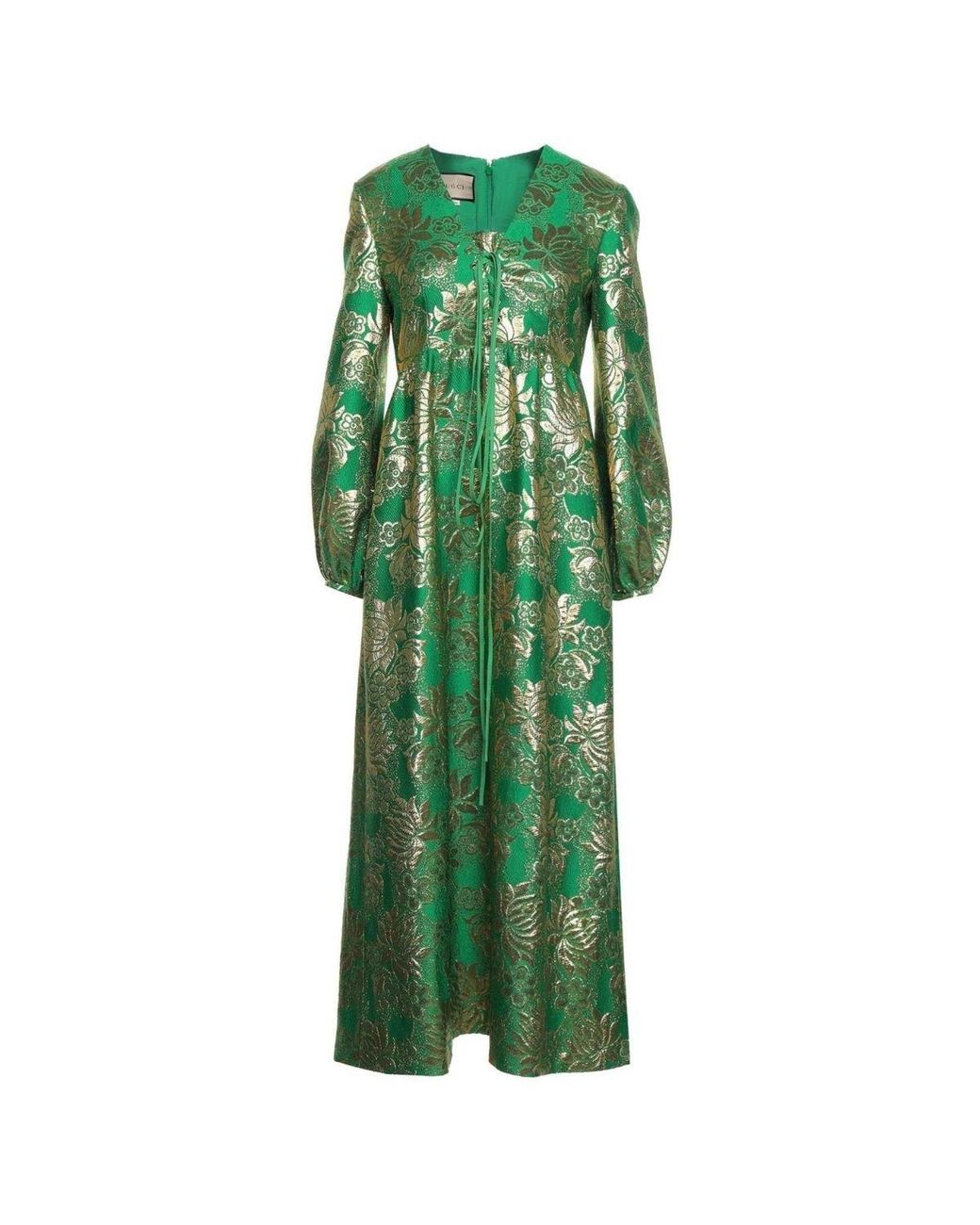 Gucci Green Wool Lamé Floral Jacquard Dress