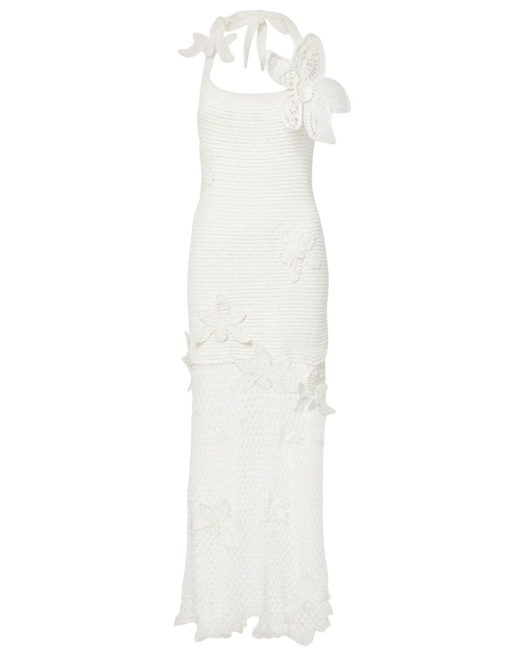 Oscar de la Renta White Halter Orchid Crochet Knit Dress