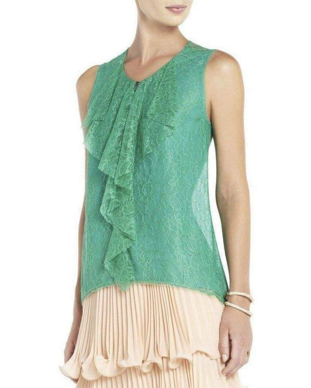 BCBGMAXAZRIA Green Steacy Sheer Lace Top