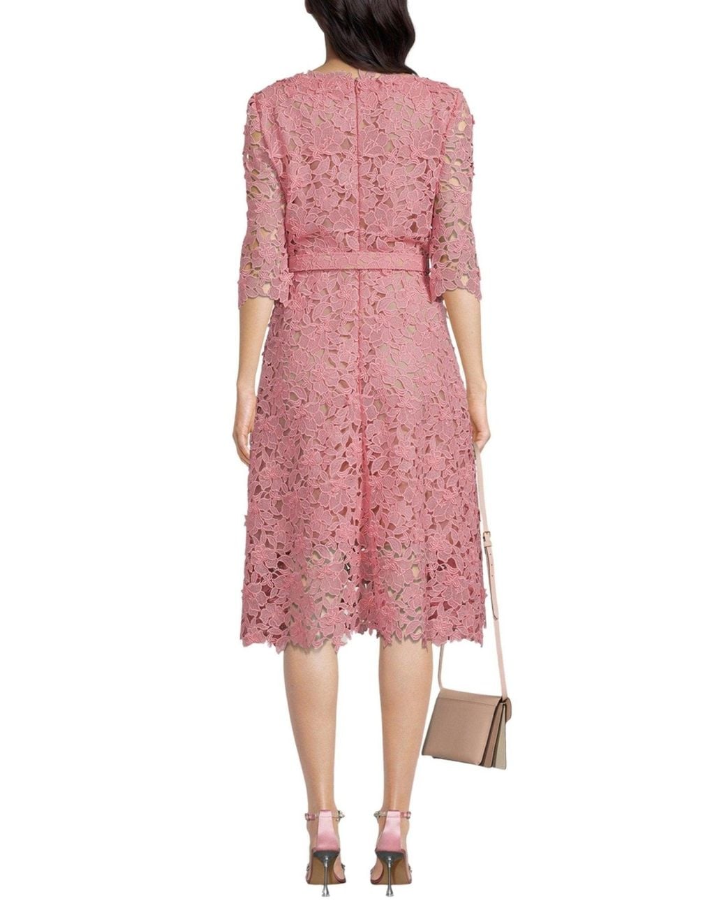Oscar de la Renta Pink Floral Guipure Lace Belted Dress