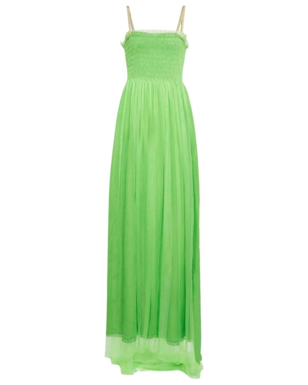 Gucci Kiwi Green Shirred Bodice Smocked Silk Gown