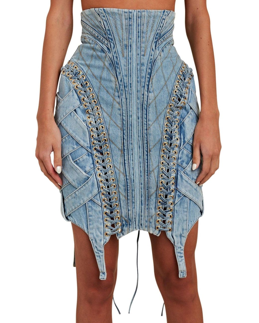 Balmain Blue High-waist Lace-up Denim Skirt