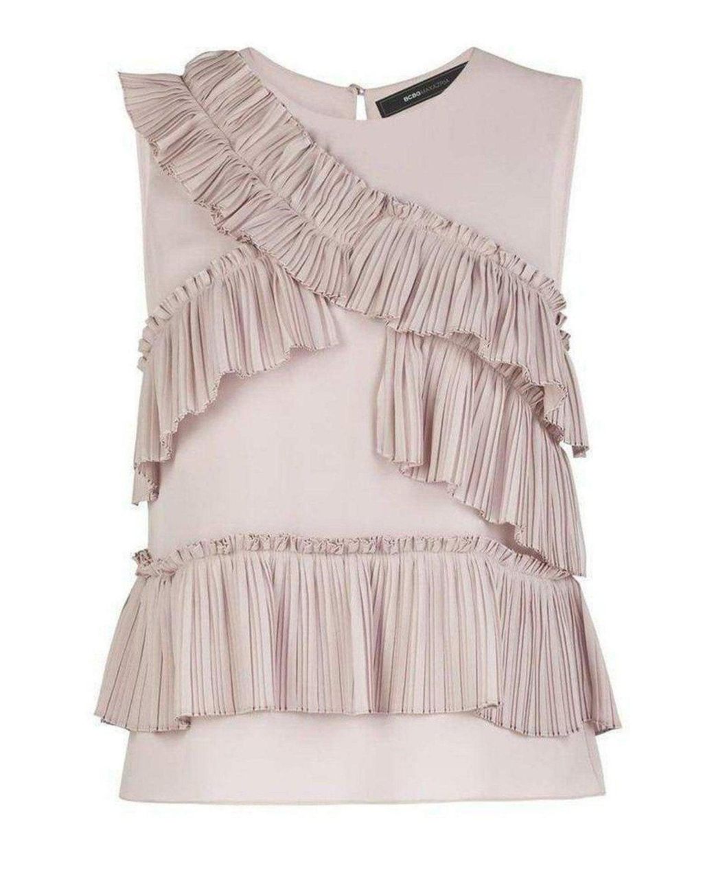 BCBGMAXAZRIA Natural Lorain Pleated Ruffle Applique Top