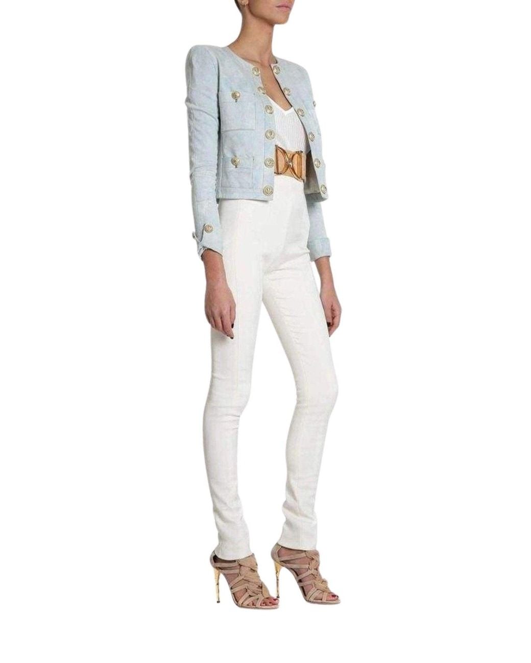 Balmain Blue Cropped Stretch Denim Blazer