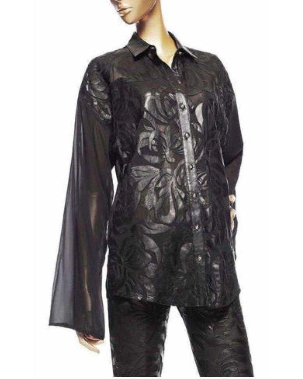 Versace Black Silk Cut Out Leather Applique Shirt It 42 (us 6)