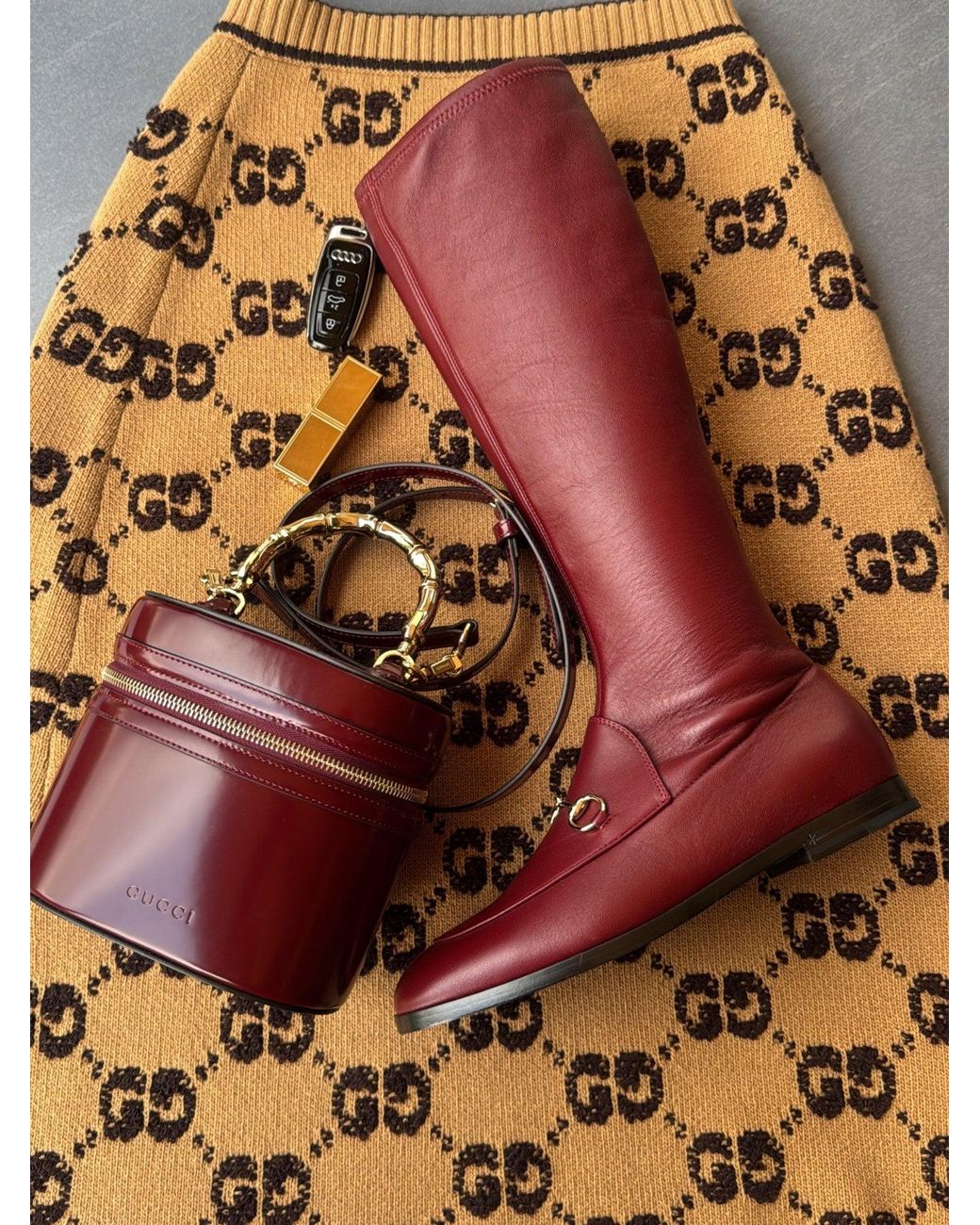 Gucci Red Burgundy Bamboo Handle Leather Bucket Bag