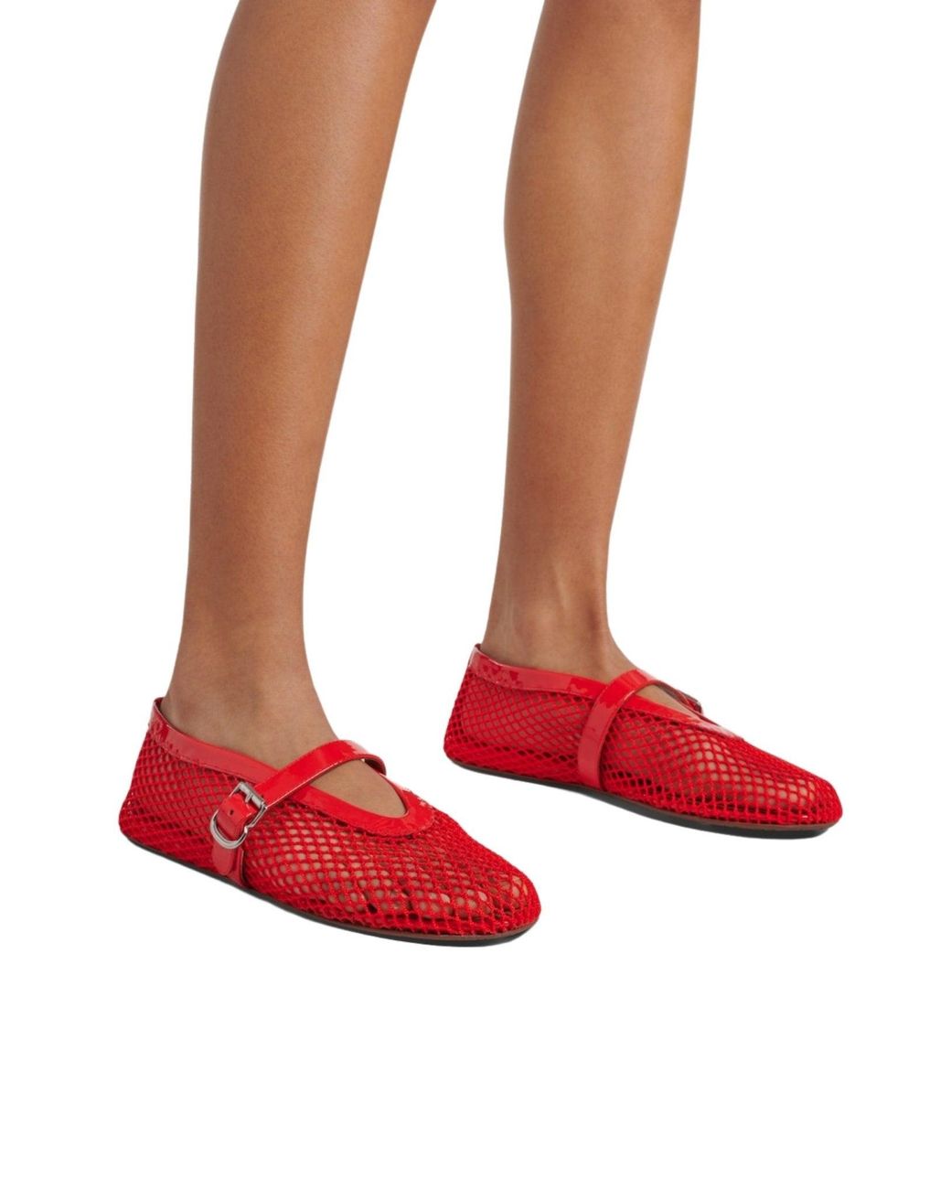 Alaïa Red Leather Trimmed Fishnet Ballet Flats