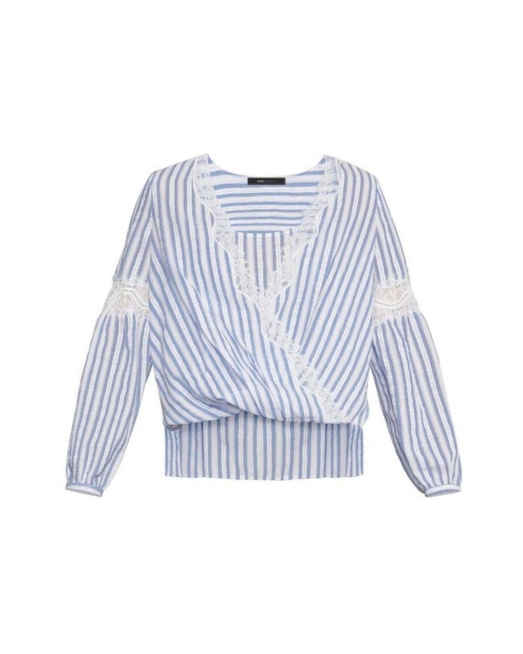 BCBGMAXAZRIA Blue Striped Faux Wrap Cotton Blouse