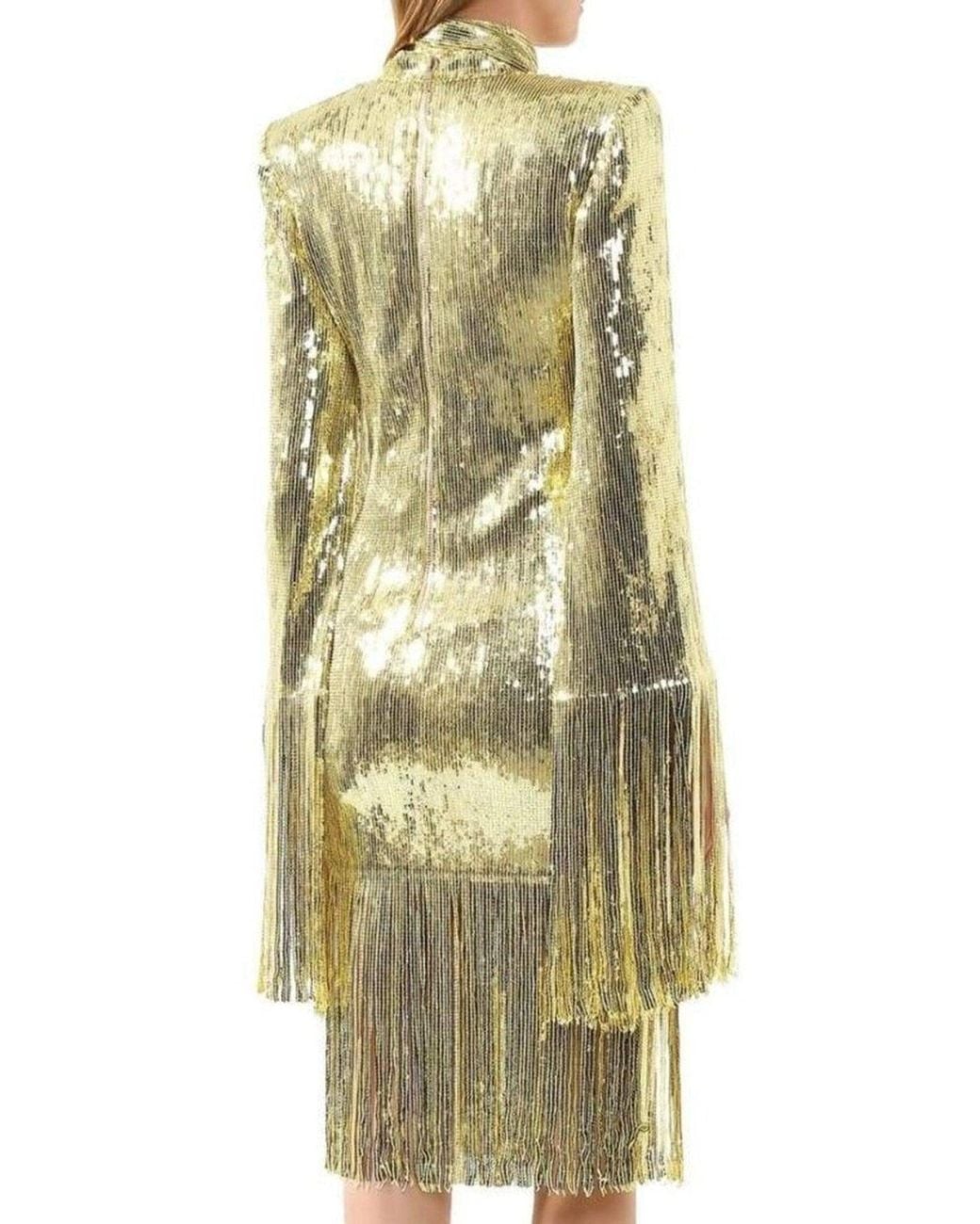 Balmain Metallic Gold Sequin Fringed Midi Dress