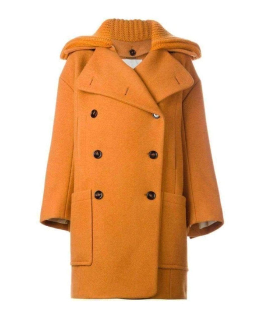 Chloé Brown Rib Knit Collar Double Breasted Wool Coat