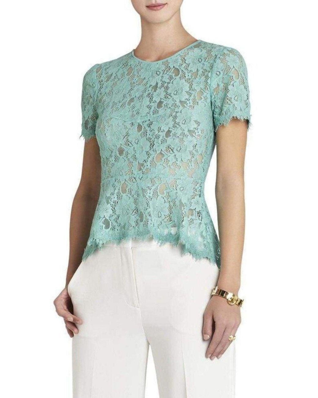 BCBGMAXAZRIA Blue Evia Lace Peplum Top