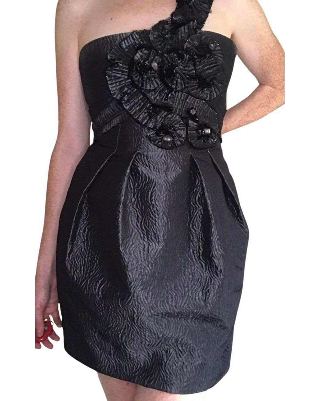 BCBGMAXAZRIA Black Gunmetal One-shoulder Rosette Cocktail Dress