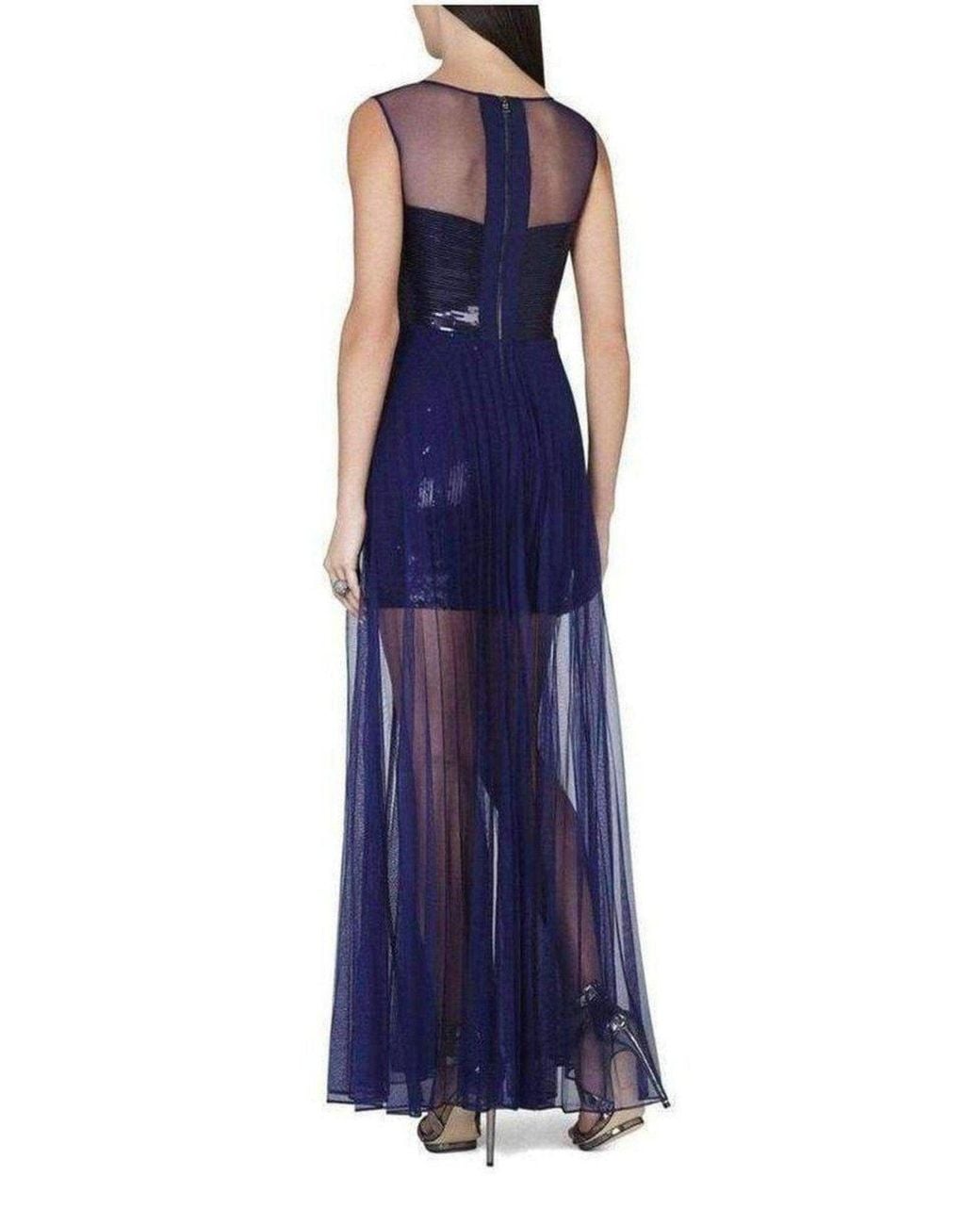 BCBGMAXAZRIA Blue Cynthia Sequinned Detail Sunburst Pleated Gown