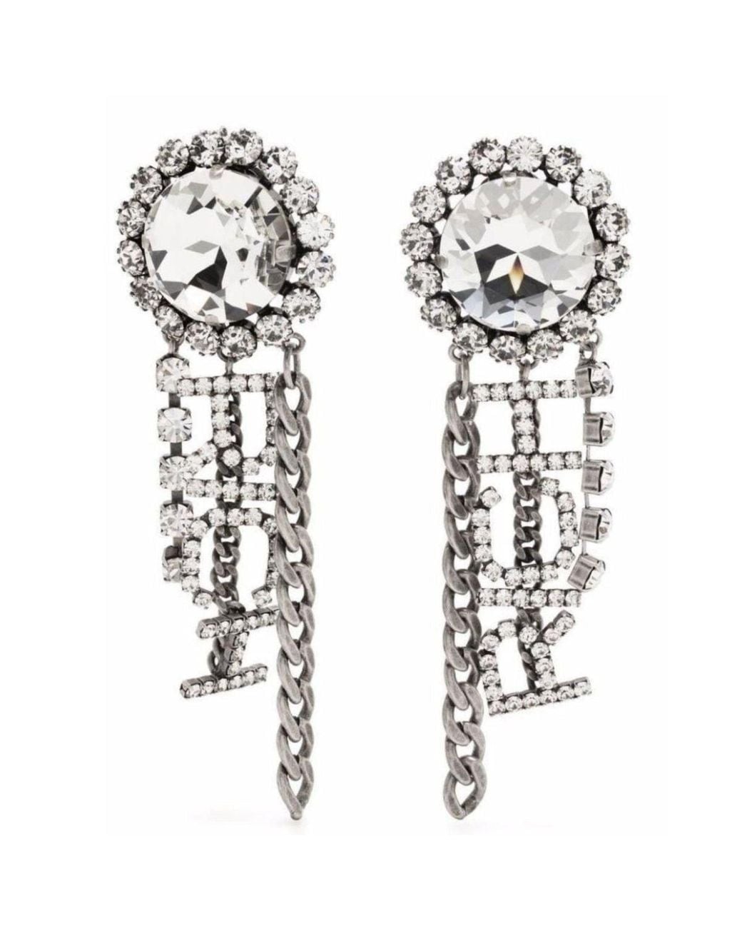 Alessandra Rich White Crystal Rolo Chain Drop Earrings