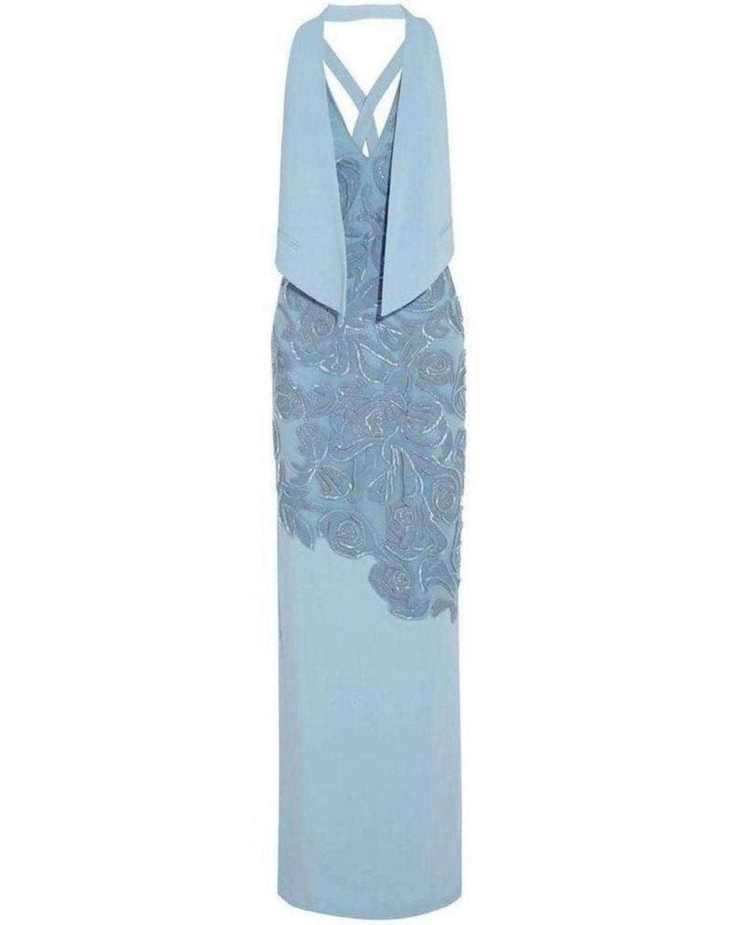 Versace Blue Leather Cutout Lace Embellished Gown Fr 40 (us 10)