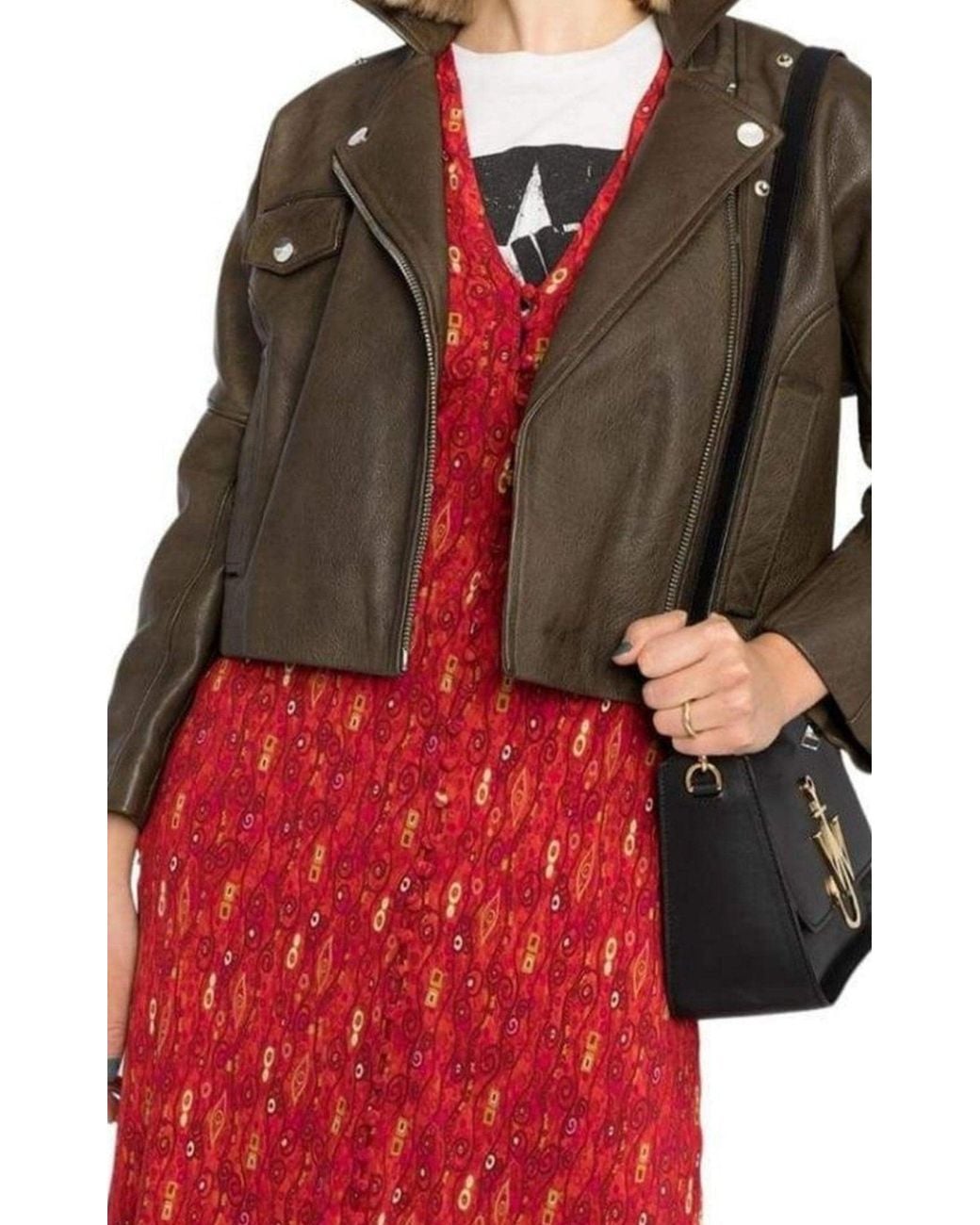 Ganni Green Leather Cropped Biker Jacket