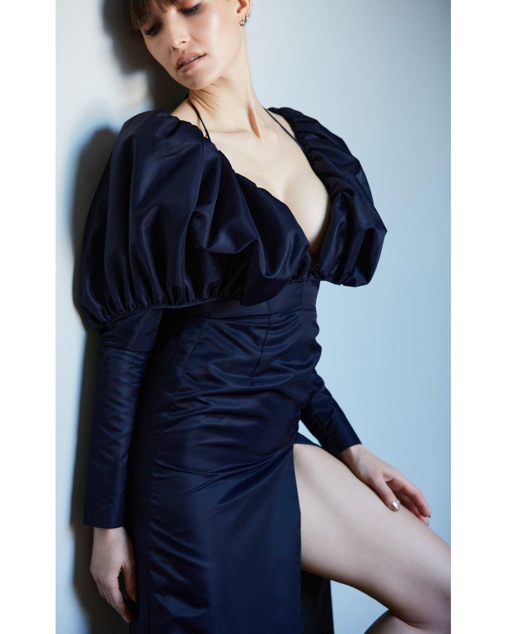 LAQUAN SMITH Blue Faille Halter Neck Puff Sleeve Midi Dress