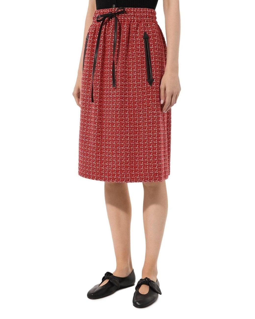 Gucci Red Jacquard GG Drawstring Skirt