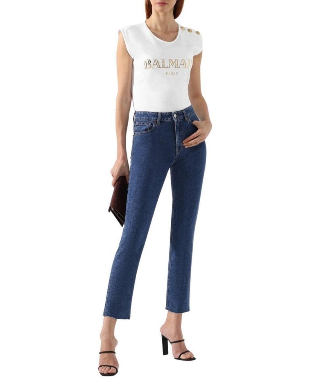 Balmain White Sleeveless T-shirt With Gold Logo & Buttons