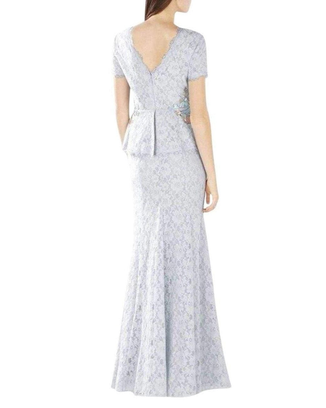 BCBGMAXAZRIA Blue Anaya Lace Peplum Sequin Detail Gown