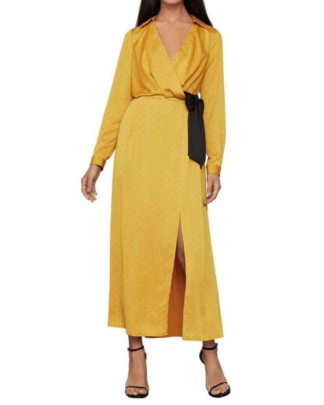 BCBGMAXAZRIA Yellow Satin Polka Dot Sash Dress