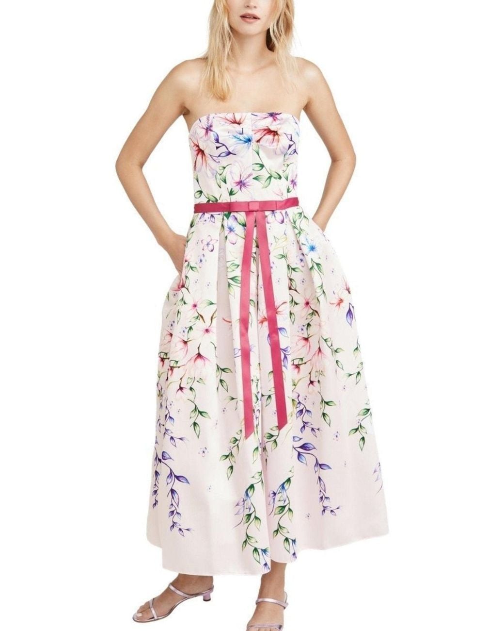 Marchesa White Strapless Printed Mikado Corseted Gown