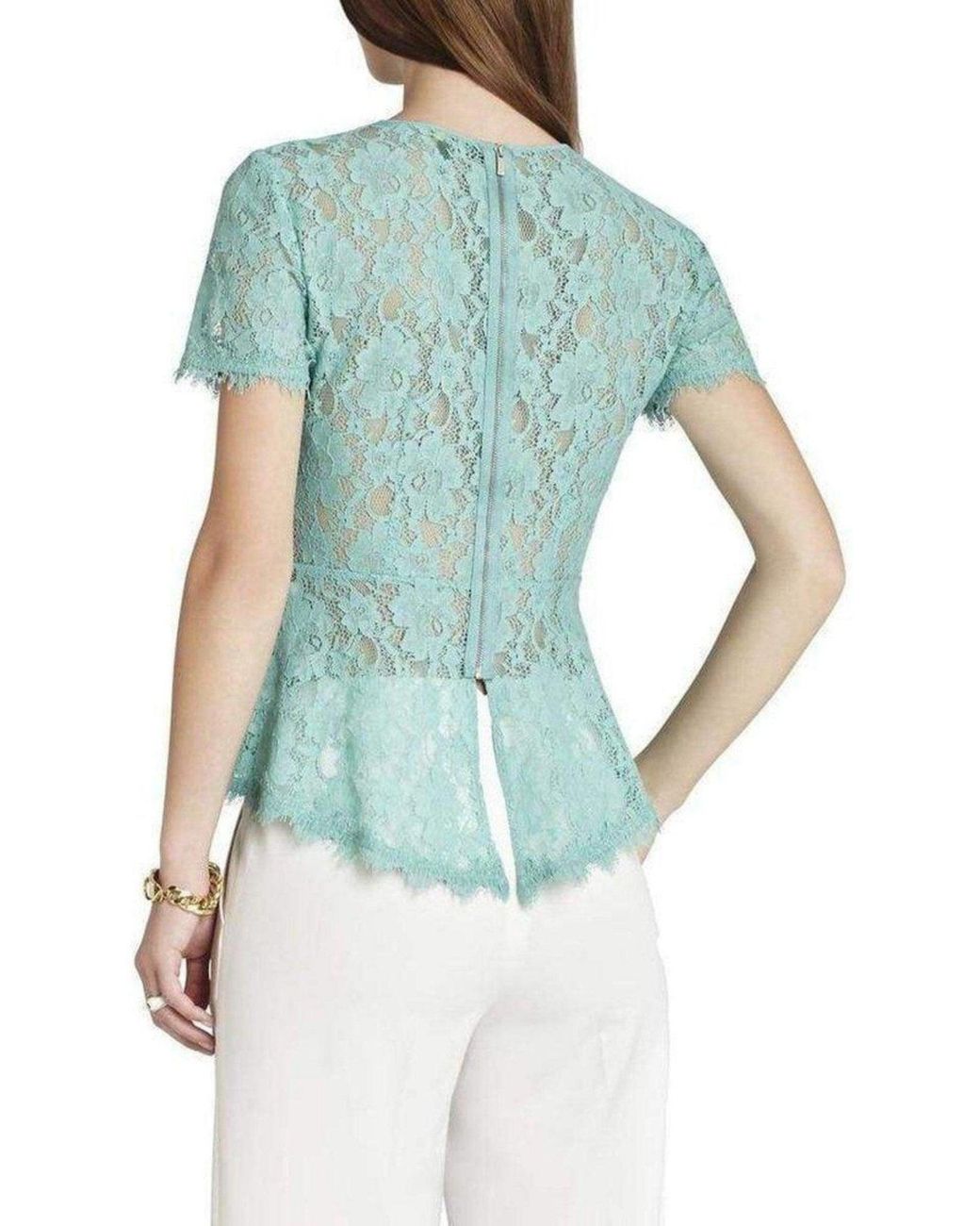 BCBGMAXAZRIA Blue Evia Lace Peplum Top