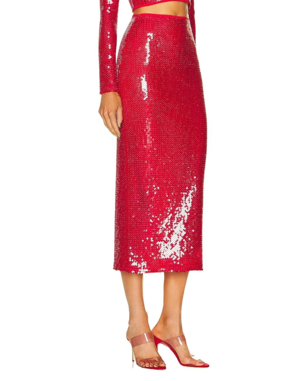 David Koma Sparkly Sequinned Red Midi Skirt