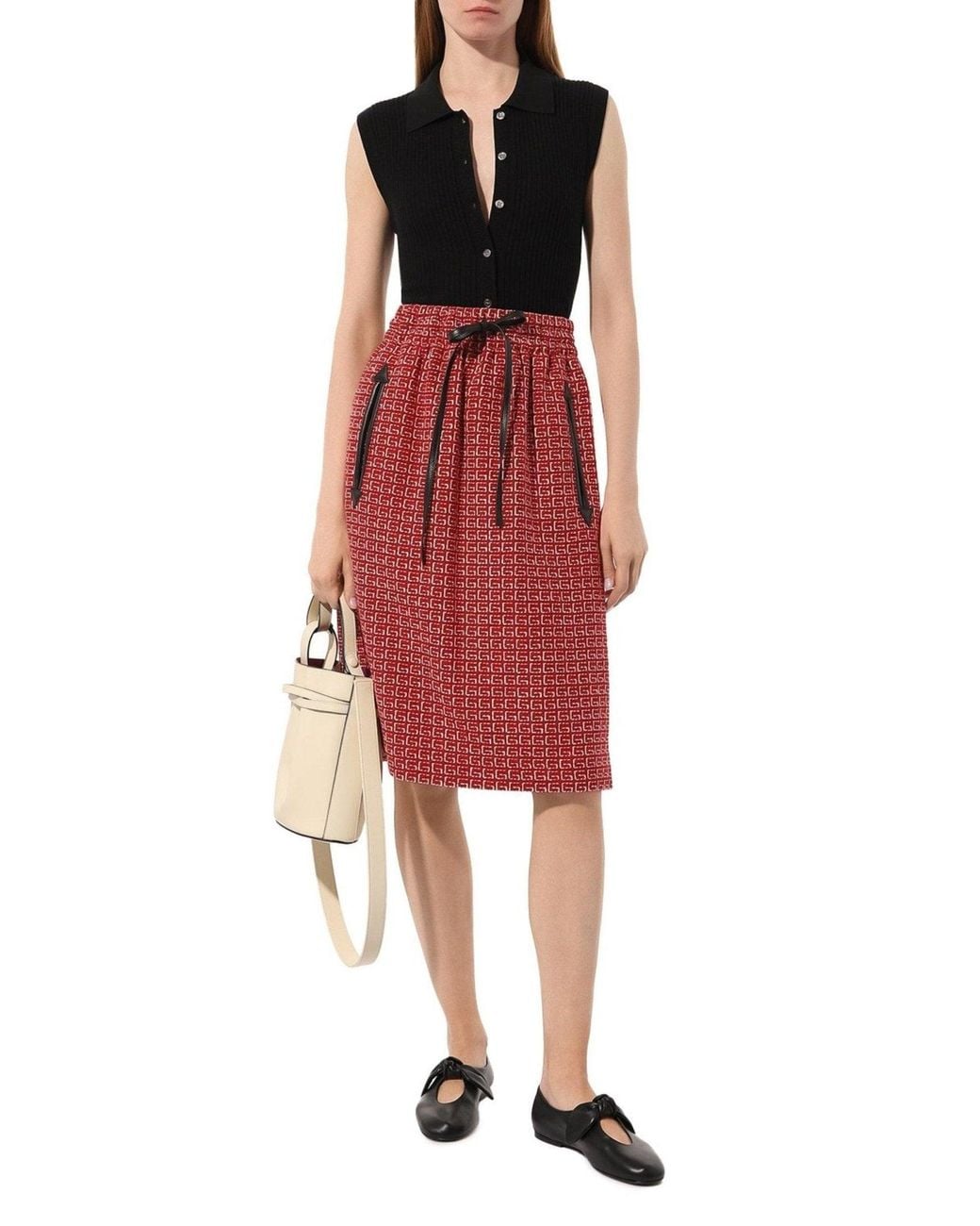 Gucci Red Jacquard GG Drawstring Skirt