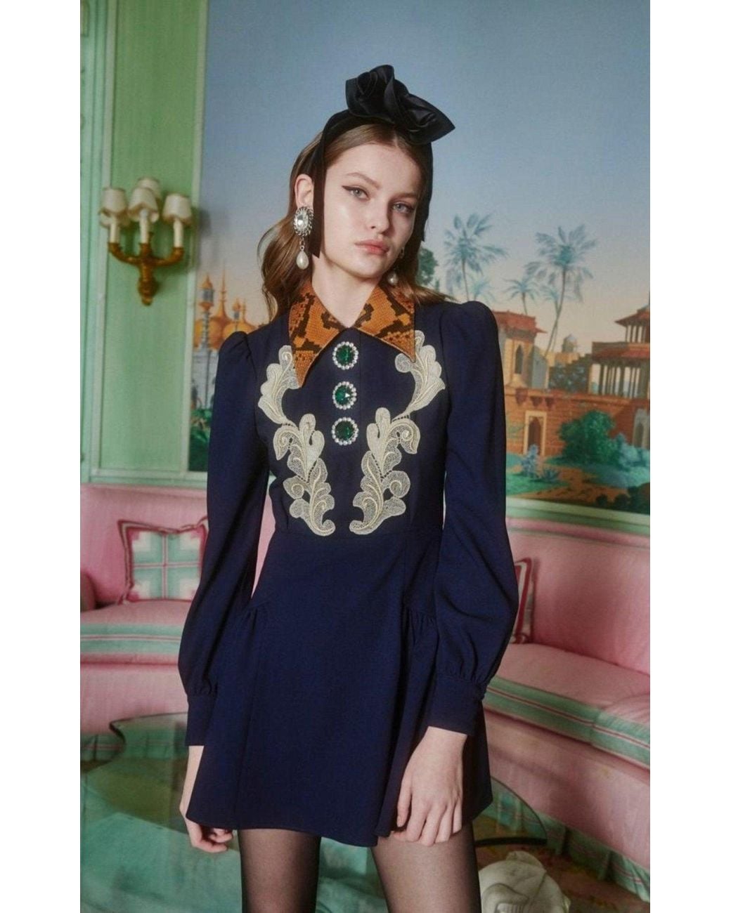 Alessandra Rich Blue Wool Crepe Mini Dress With Python-print Collar