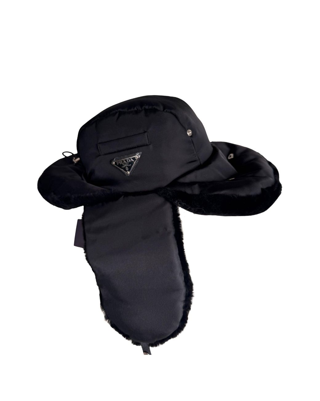 Prada Black Nylon & Shearling Trapper Hat