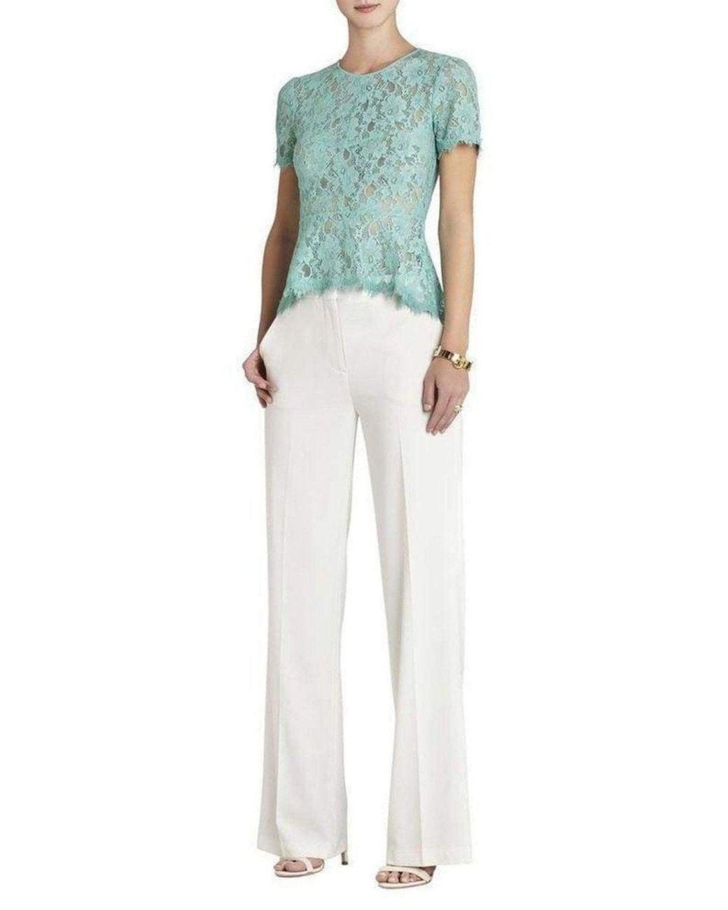 BCBGMAXAZRIA Blue Evia Lace Peplum Top