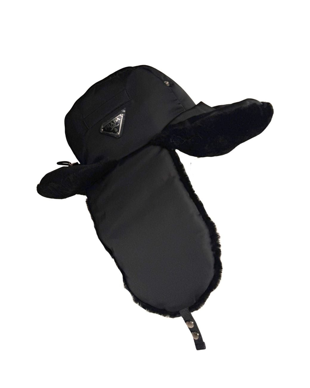 Prada Black Nylon & Shearling Trapper Hat
