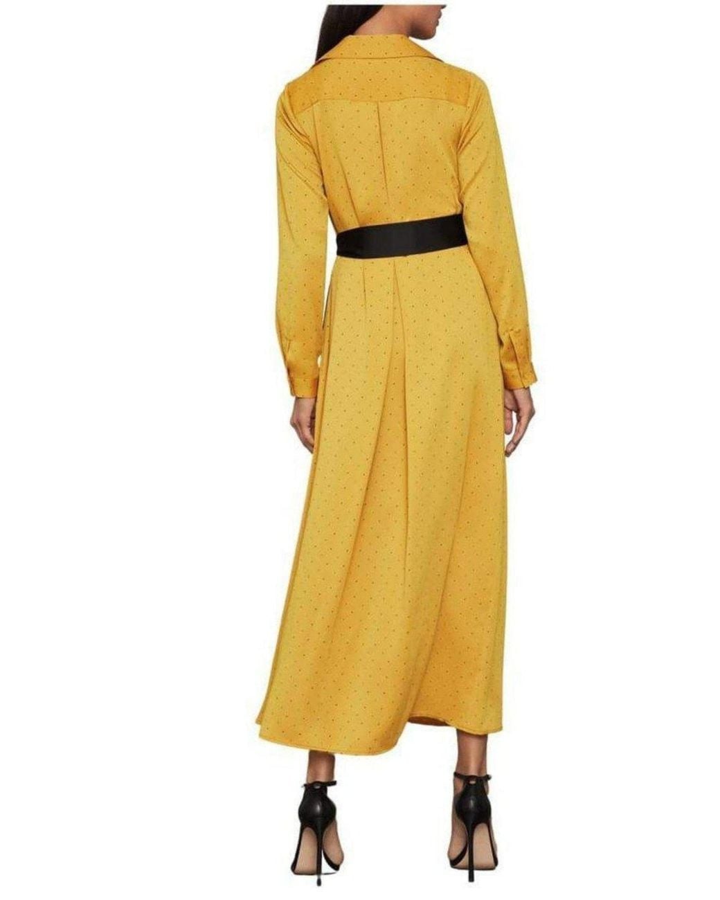 BCBGMAXAZRIA Yellow Satin Polka Dot Sash Dress