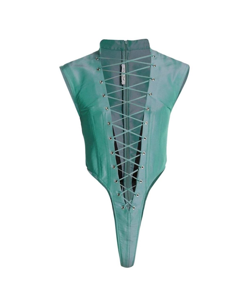 LAQUAN SMITH Green Sleeveless Lace Up Bodysuit Aqua Blue