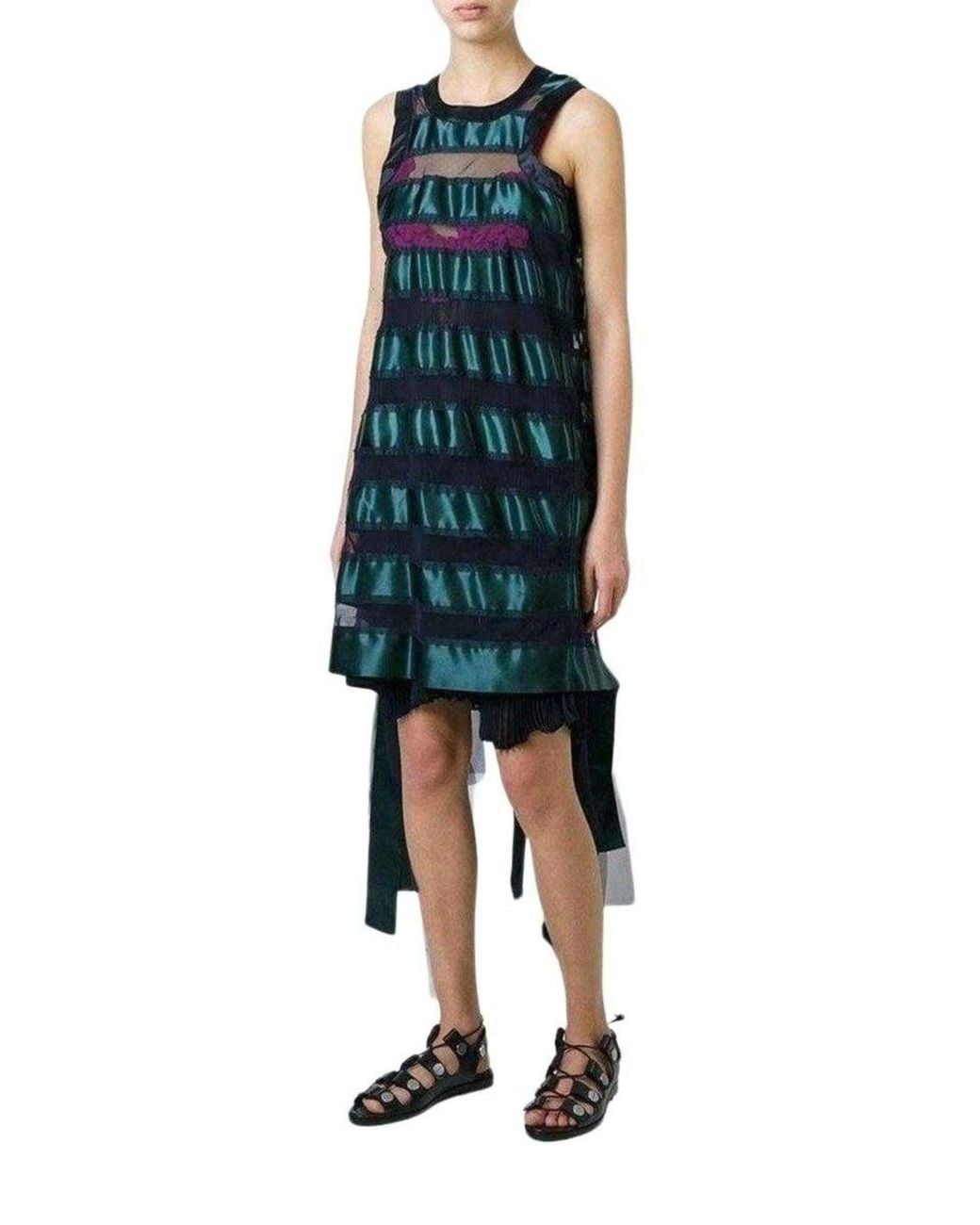 Sacai Green Transparent Stripe Panel Dress