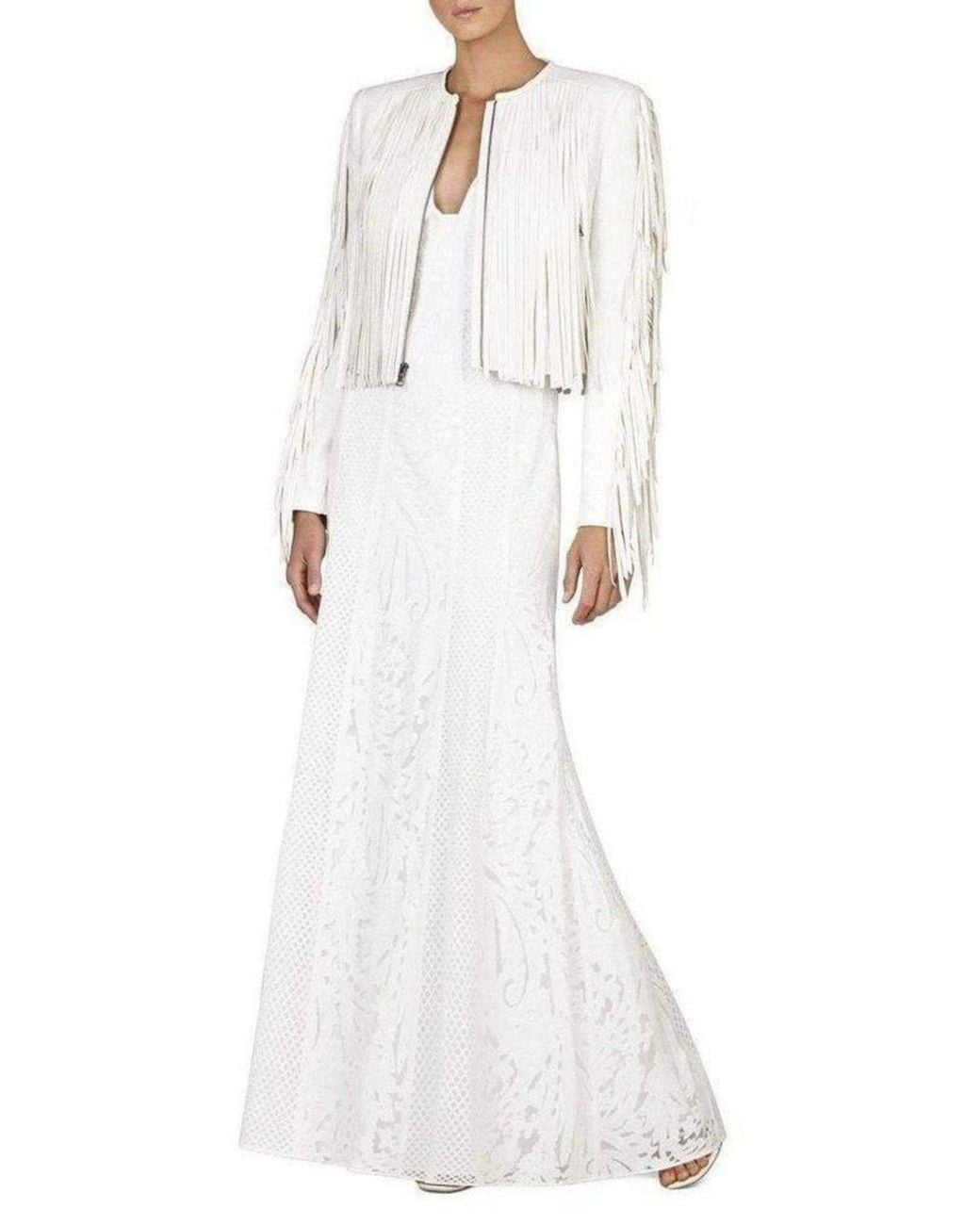 BCBGMAXAZRIA White Elisia Sleeveless Lace Blocked Gown Dress
