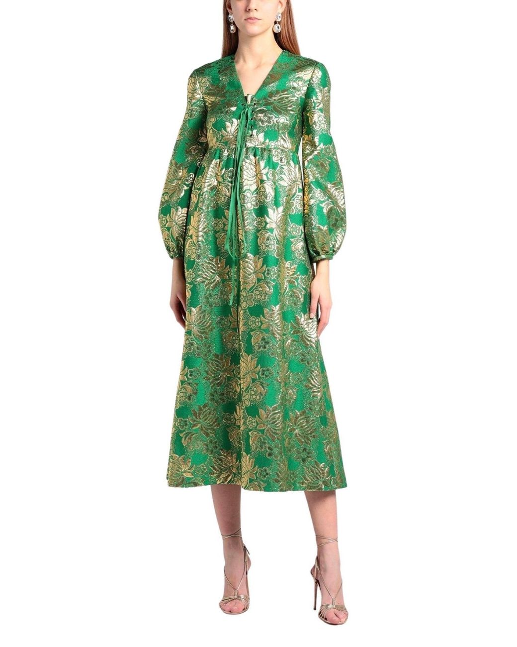 Gucci Green Wool Lamé Floral Jacquard Dress