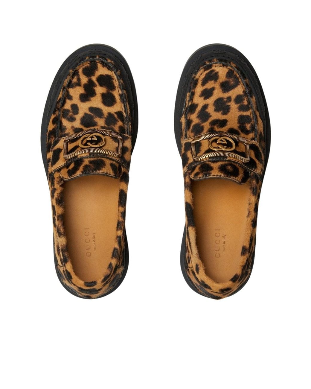 Gucci Brown Interlocking G Leopard Print Leather Loafers