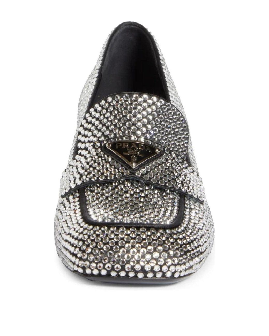 Prada Gray Crystal-embellished Logo-plaque Loafers