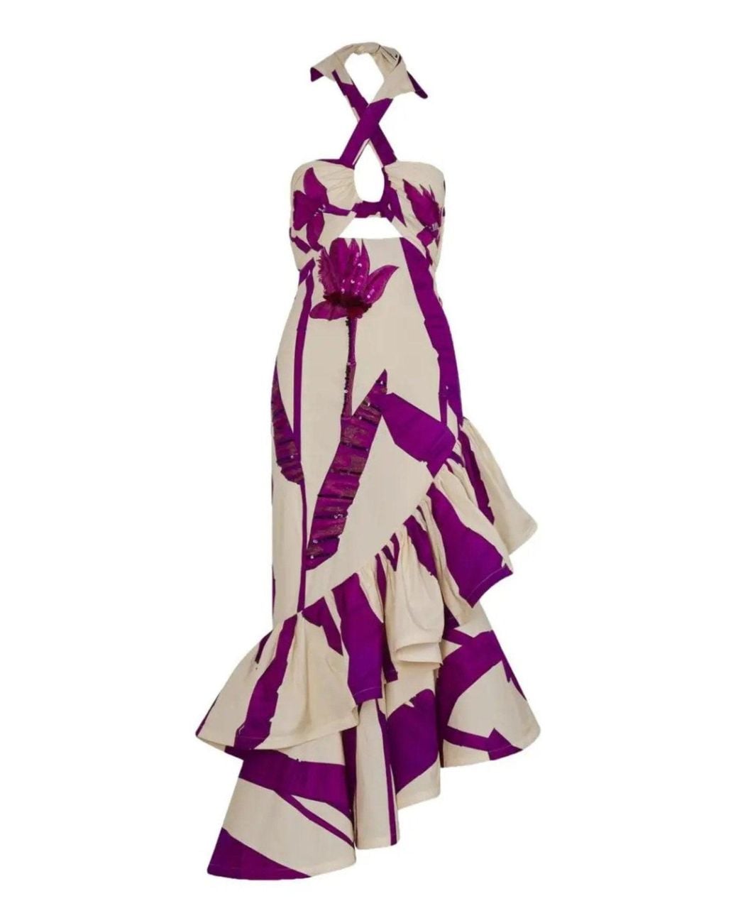 Johanna Ortiz Purple Careless Floral Ruffle Midi Dress